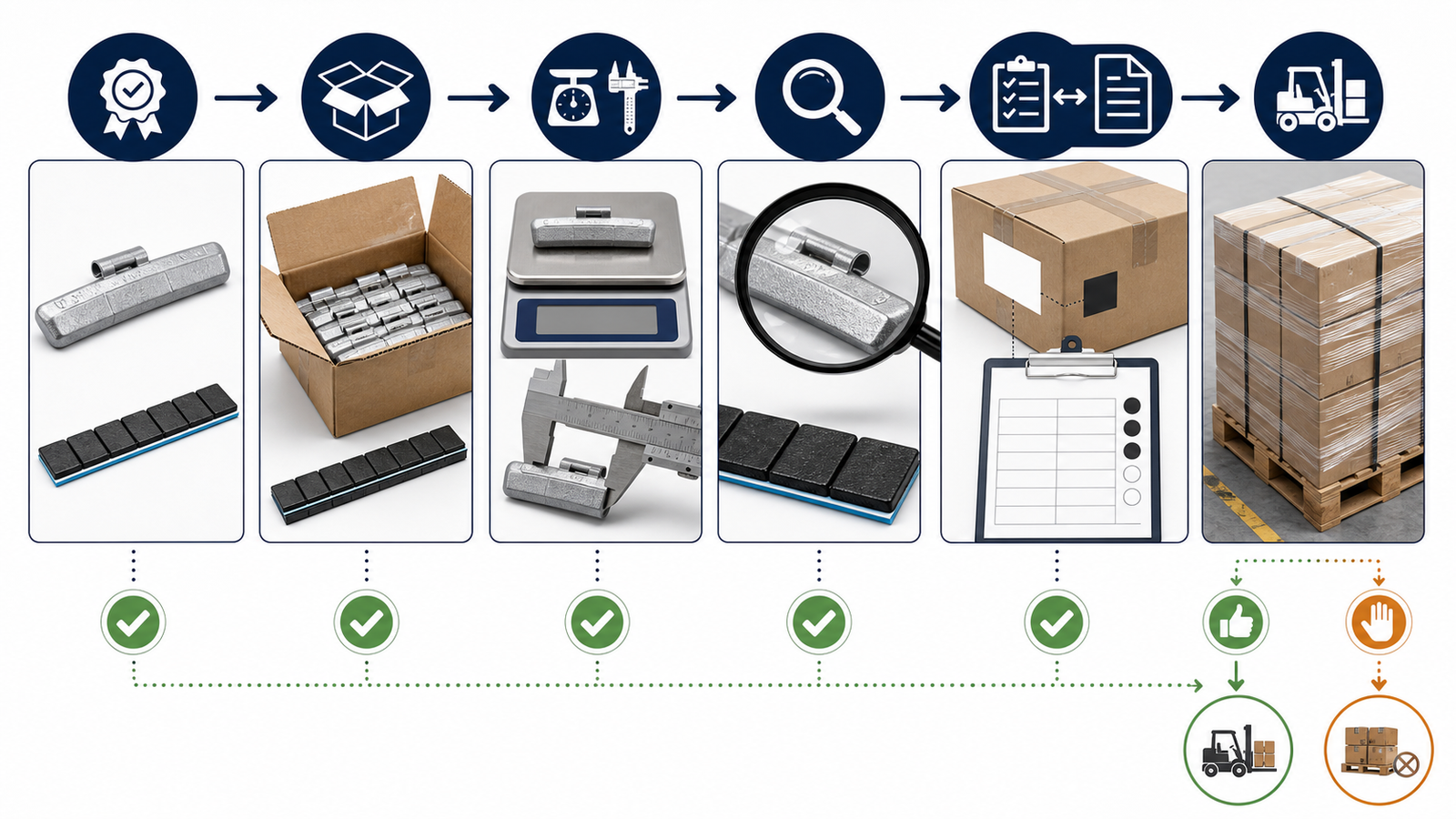 Wheel Weight Pre-Shipment Inspection: What Buyers Should Verify 1 Wheel weight pre-shipment inspection workflow from approved sample and carton opening through measurement, appearance check, document comparison, and pallet release or hold