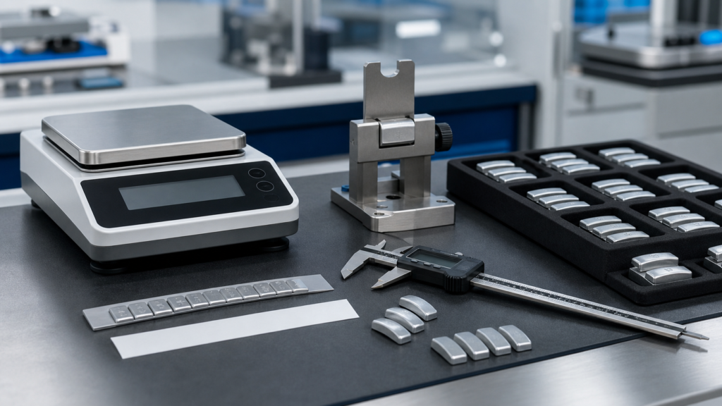 Wheel balance weights on a quality inspection bench with a scale, caliper, clip retention fixture, adhesive sample, and inspection tray