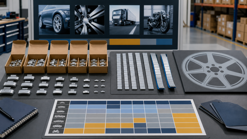 Wheel weight assortment planning table with clip-on profiles, adhesive strips, cartons, wheel application images, and an abstract range matrix