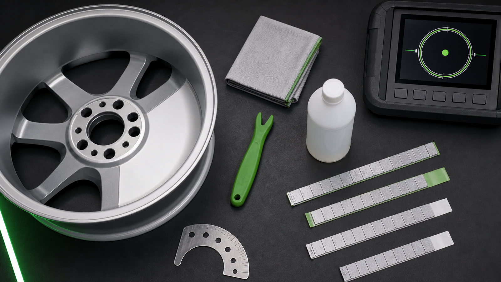 Wheel-weight reinstallation readiness setup with a clean rim, plastic tool, cloth, adhesive strips, curvature gauge, and balancing display