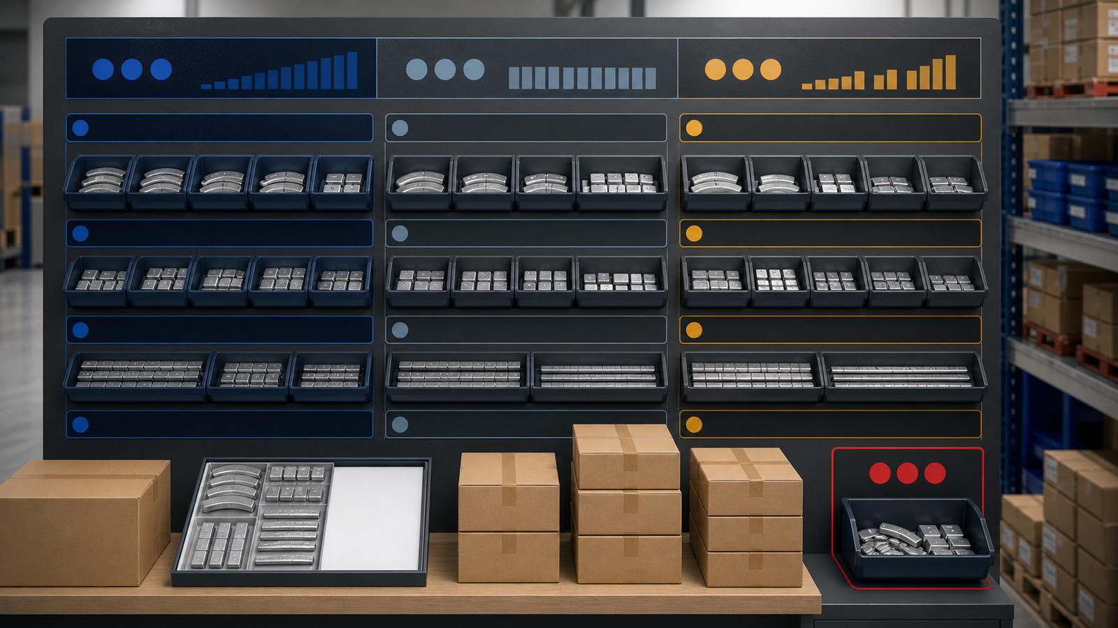 Wheel Weight Range Planning: Build a Market-Specific SKU Mix 2 Wheel weight inventory review board with grouped clip-on and adhesive stock bins, cartons, sample kit, and a separate review bin
