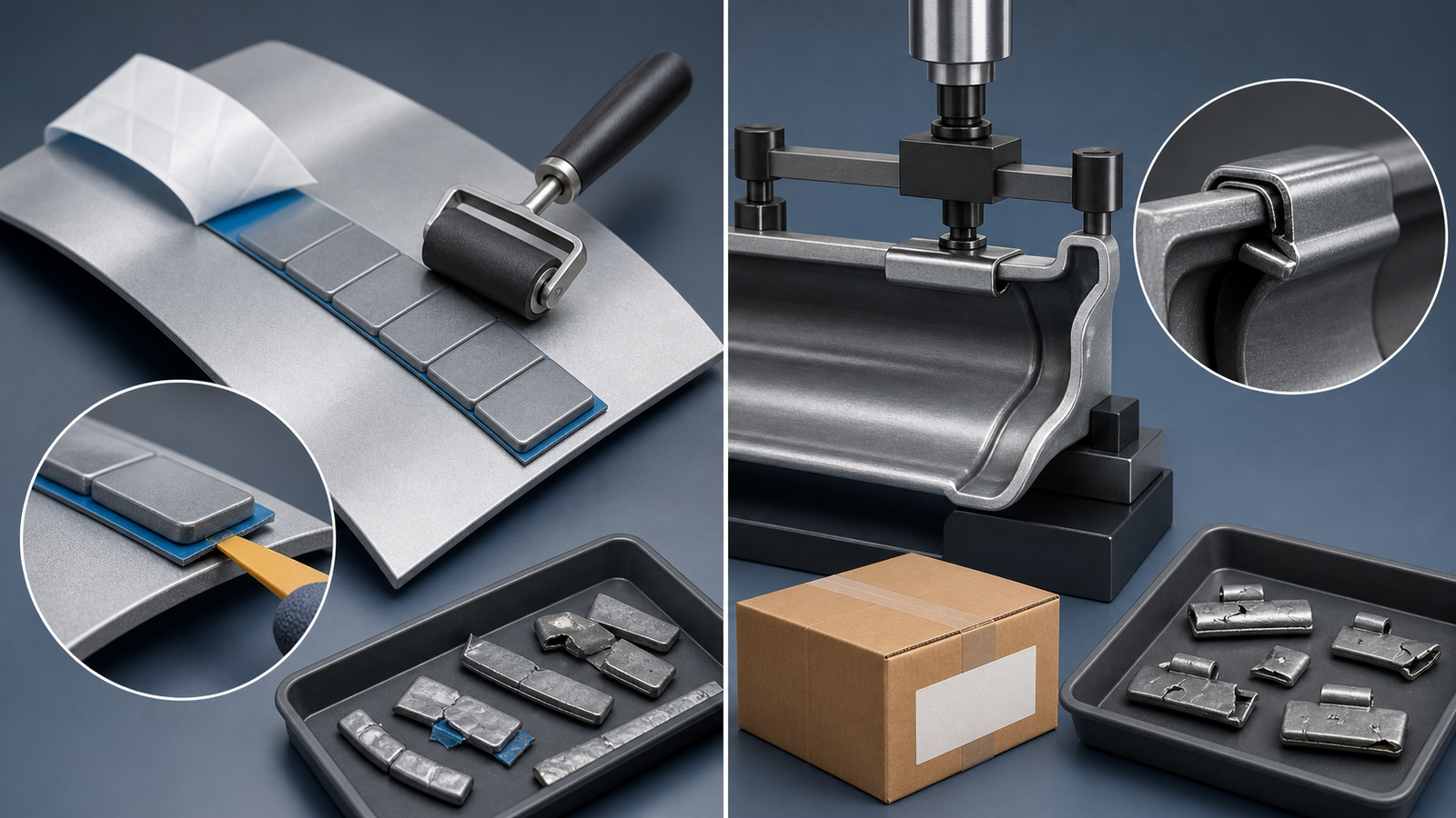 Wheel Weight QC Checklist: Production and Finished-Goods Inspection 2 Adhesive wheel weight strip inspected on a curved metal panel beside a clip-on wheel weight retention fixture and separated nonconforming samples