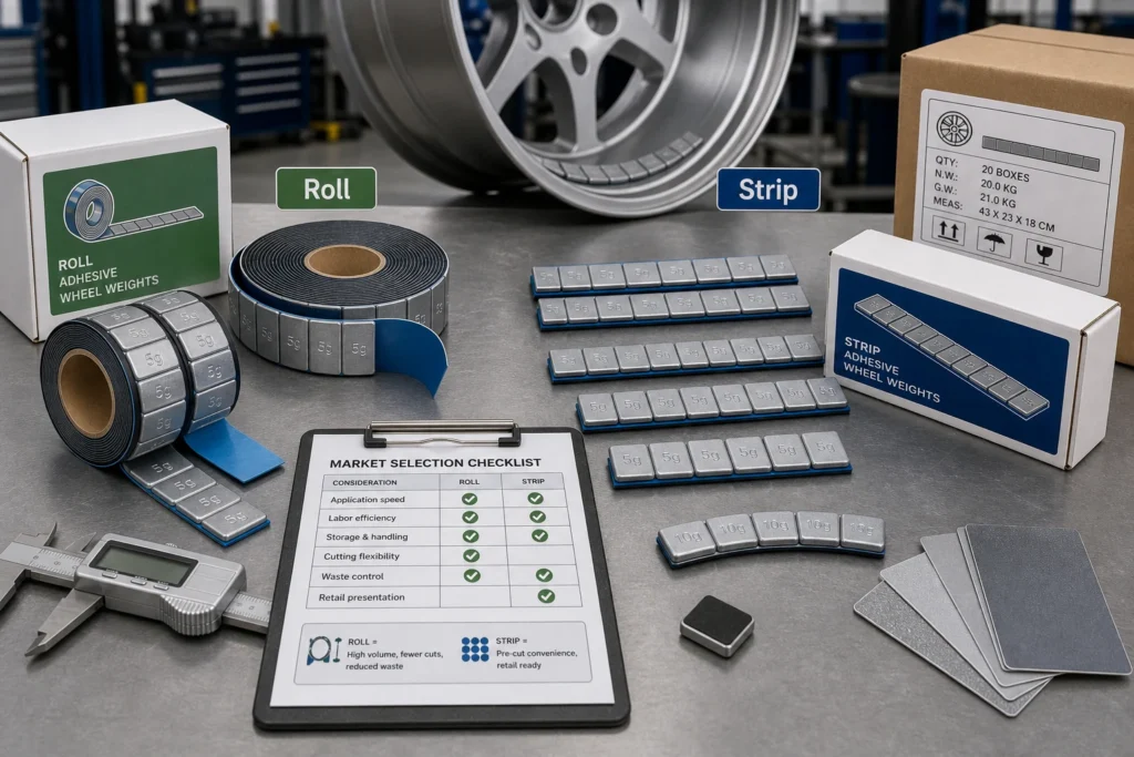 Adhesive wheel weight rolls and pre-cut strips displayed side by side with boxes, cartons, tape liner, and selection checklist.