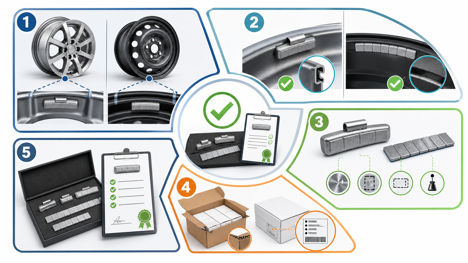 Wheel Weight Sample Approval: Fitment, Tape, Finish, and Packaging Checklist 1 Five-part wheel weight sample approval workflow showing rim fit, tape or clip contact, finish, carton, and master-sample approval