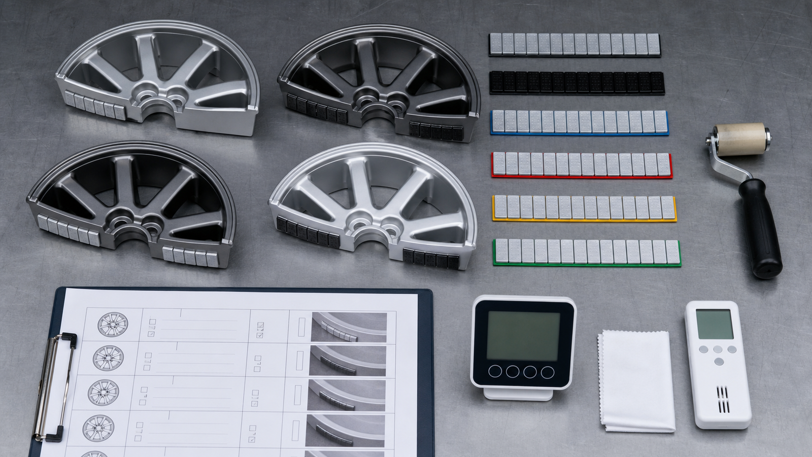 Wheel Weight Adhesion Test Plan: How Buyers Validate Stick-On Weights 2 Wheel-weight sample approval workspace with representative rim sections, strips, roller, condition instruments, and inspection record