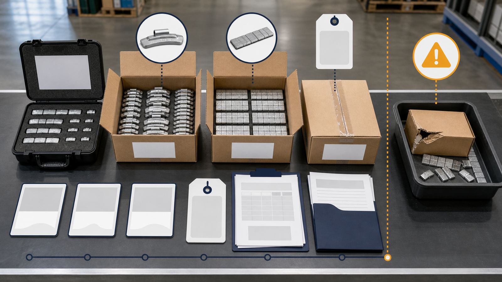 Wheel Weight Pre-Shipment Inspection: What Buyers Should Verify 2 Approved wheel weight sample kit, clip-on and adhesive cartons, blank label and document panels, and a damaged carton isolated for review