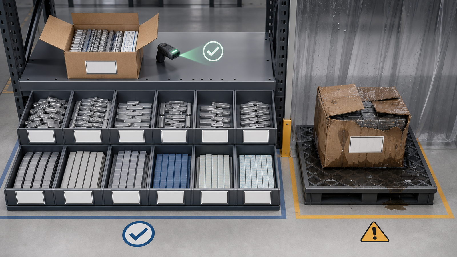Wheel Weight Packaging: Carton Labels, SKU Mix, and Storage Checks 2 Organized wheel weight SKU trays and dry received carton beside a water-damaged carton in a separate quarantine area