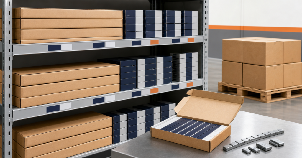 Estantes de almacén organizados con cajas de contrapesos para ruedas, cajas de tiras adhesivas, contrapesos de clip y paquetes interiores protegidos