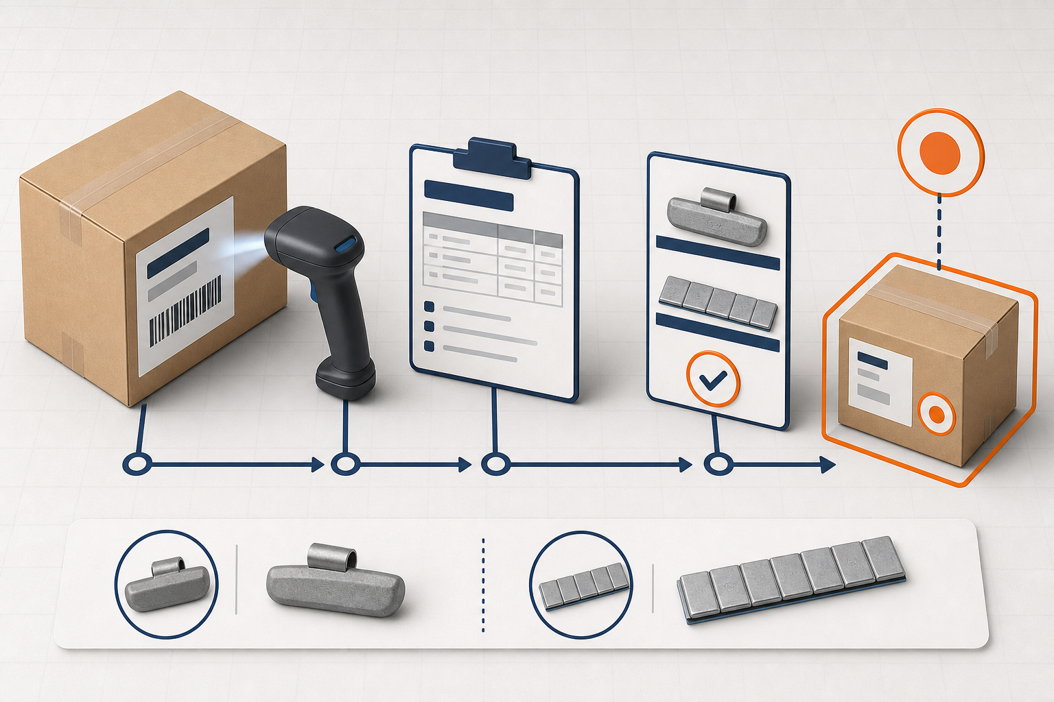Wheel Weight Traceability: Batch Codes, Carton Labels, and COAs 2 Carton barcode scanning, batch record, approved wheel weight sample, and isolated review carton for traceability investigation