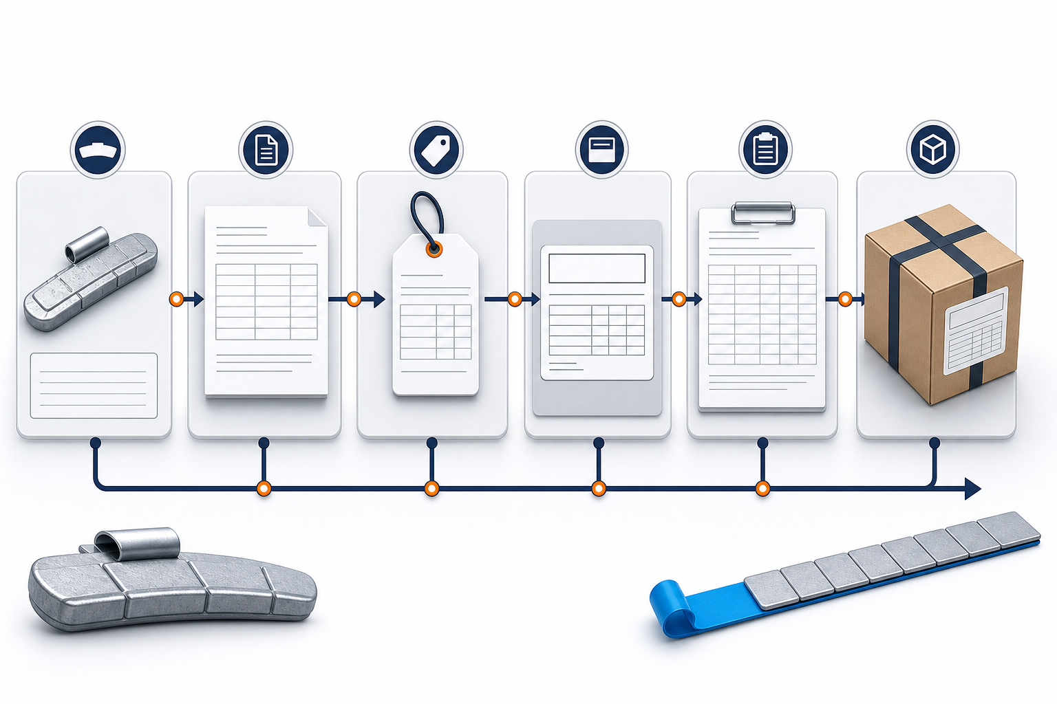 Wheel Weight Traceability: Batch Codes, Carton Labels, and COAs 1 Wheel weight sample, product specification, batch tag, carton label, quality document, and shipping carton connected in sequence