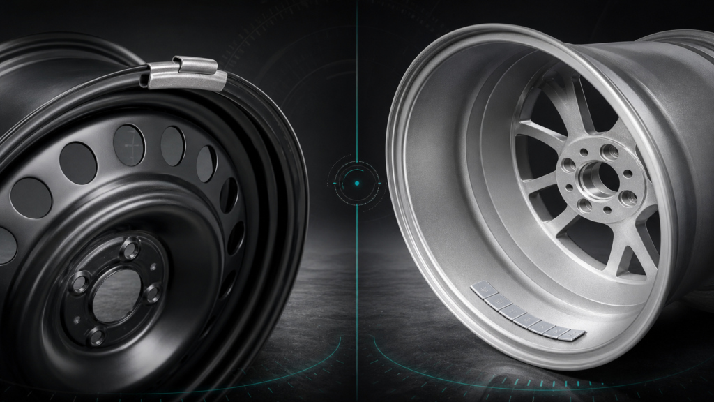 Clip-on wheel weight fitted to a black steel wheel compared with adhesive weights inside a silver alloy wheel