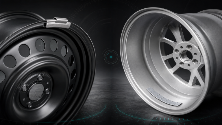 Clip-on wheel weight fitted to a black steel wheel compared with adhesive weights inside a silver alloy wheel