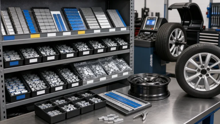 Tire shop wheel weight inventory with balancing machine bins clip-on weights and adhesive strips