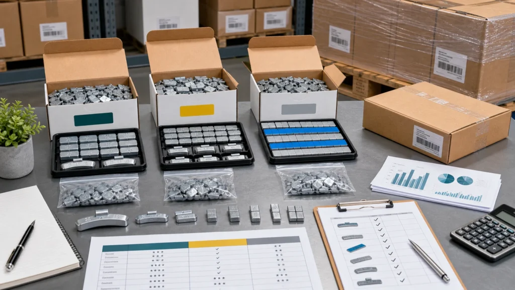 Distributor comparing wholesale wheel weight supplier samples cartons documents and packing lists
