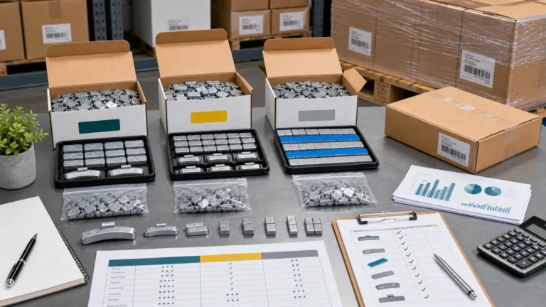 Distributor comparing wholesale wheel weight supplier samples cartons documents and packing lists