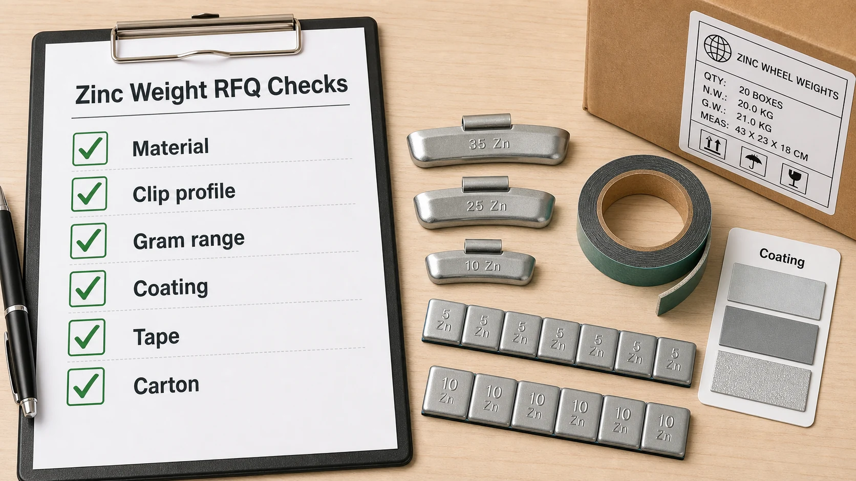 Zinc Wheel Weights: Benefits, Limits, and Best-Fit Applications 2 RFQ checklist for zinc wheel weights covering material, clip profile, gram range, coating, tape, and carton.