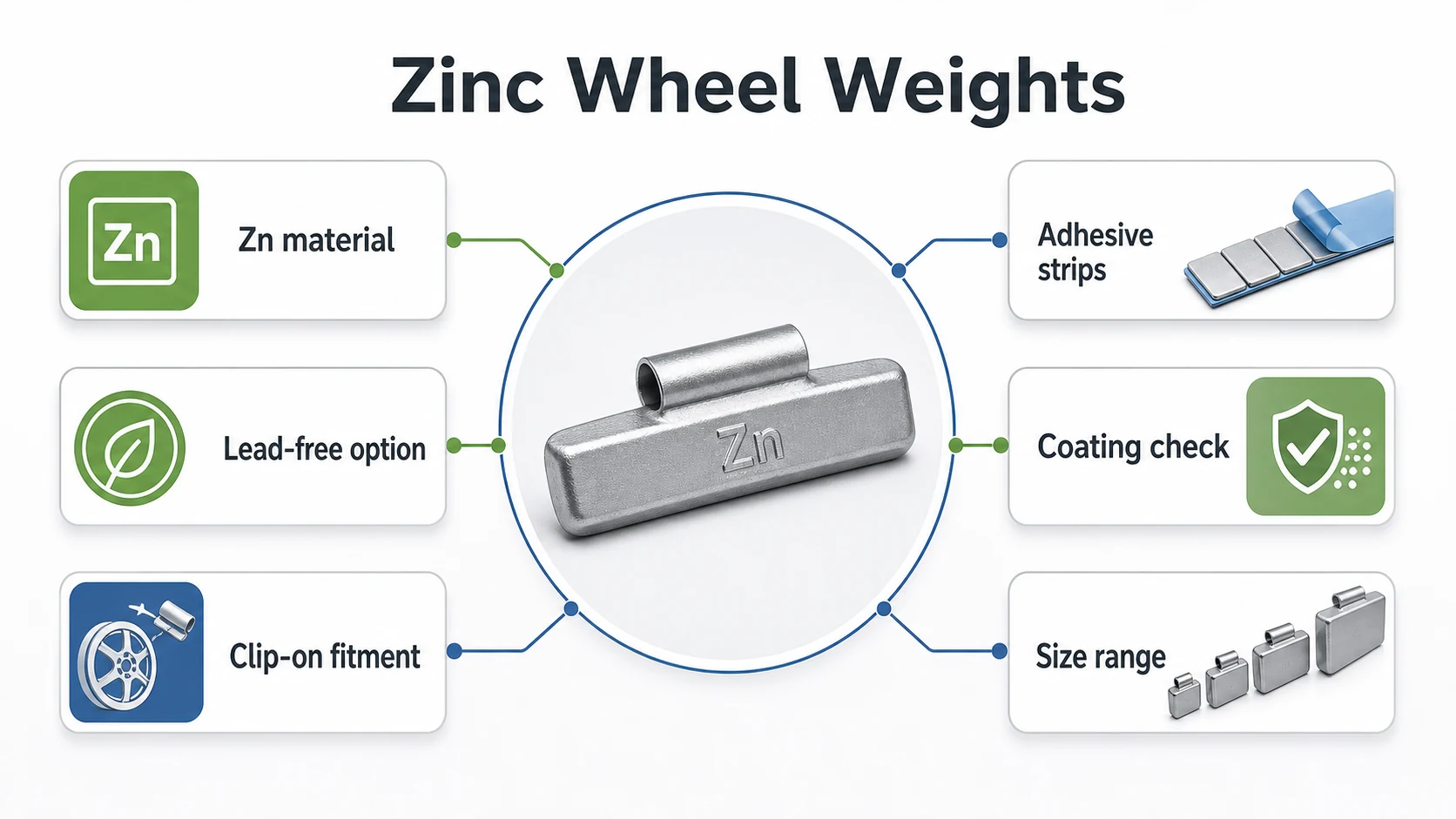 Zinc Wheel Weights: Benefits, Limits, and Best-Fit Applications 1 Infographic explaining zinc wheel weight material, lead-free positioning, fitment, coating, and size range.