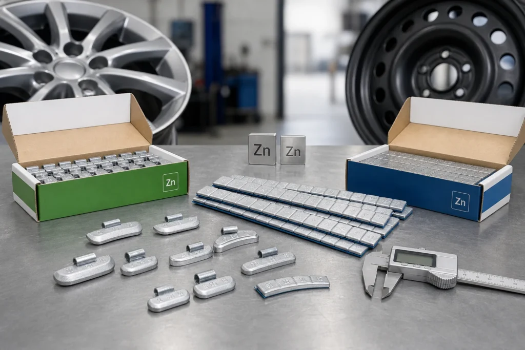 Zinc clip-on and adhesive wheel weights displayed with alloy and steel wheel examples for material selection.