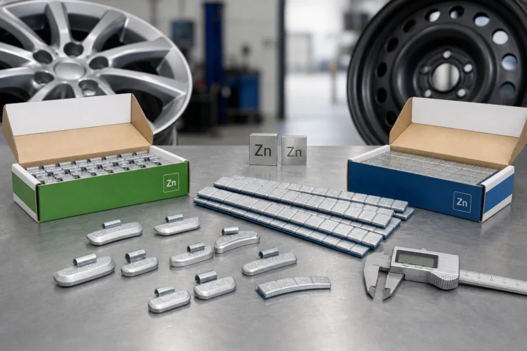 Zinc clip-on and adhesive wheel weights displayed with alloy and steel wheel examples for material selection.