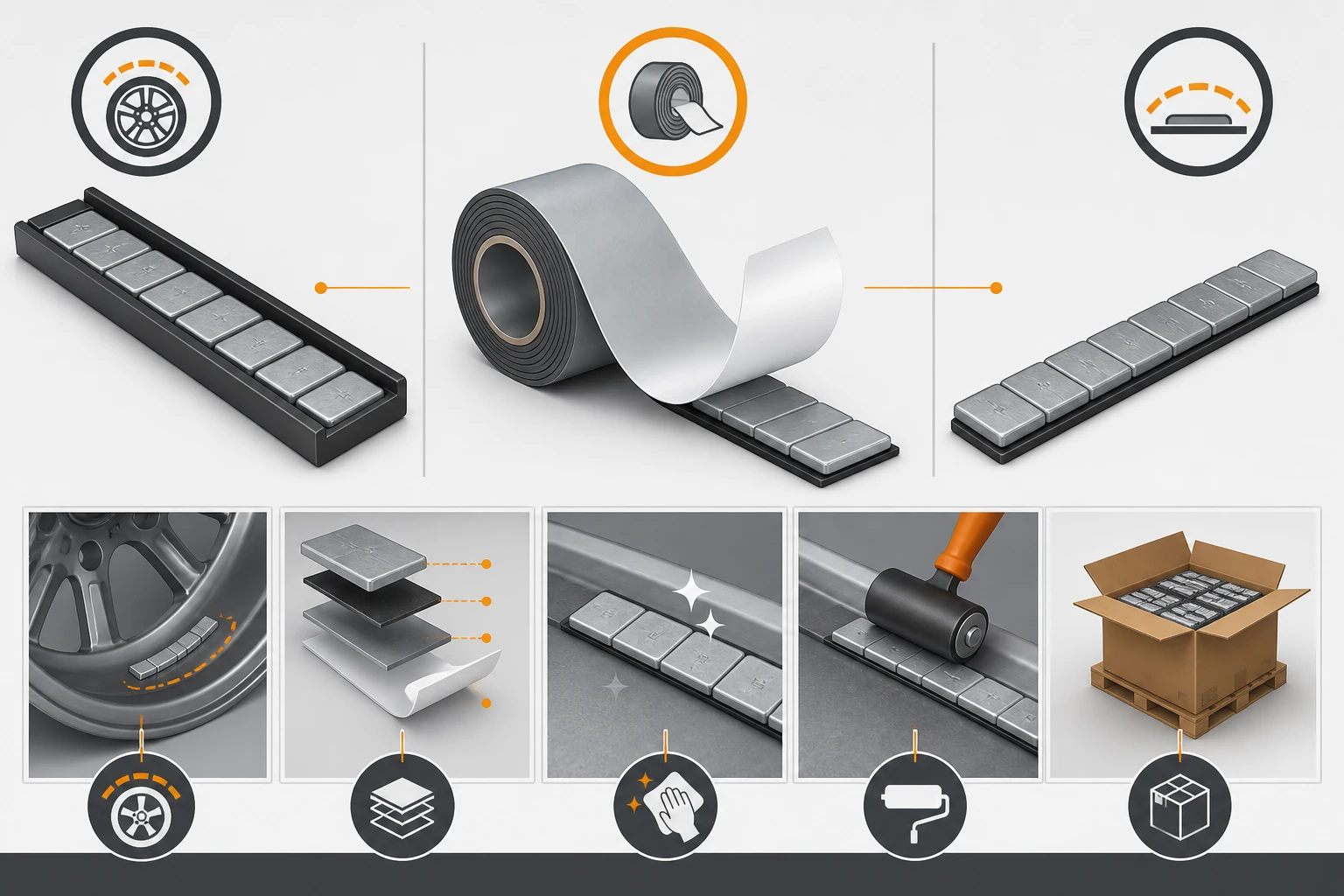 Adhesive Wheel Weights Wholesale: Tape, Formats, and Buyer Checks 1 Adhesive wheel weight roll strip and low-profile format comparison with tape liner application and carton-storage symbols