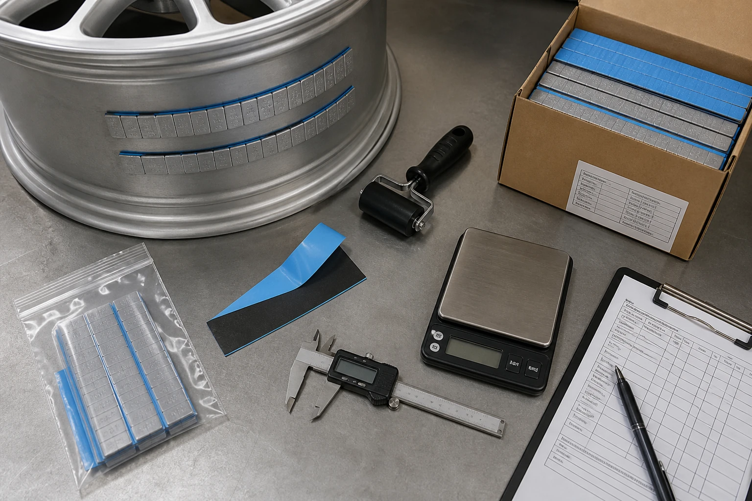 Adhesive Wheel Weights Wholesale: Tape, Formats, and Buyer Checks 2 Adhesive wheel weight sample validation on an alloy wheel barrel with pressure roller liner scale and carton inspection materials