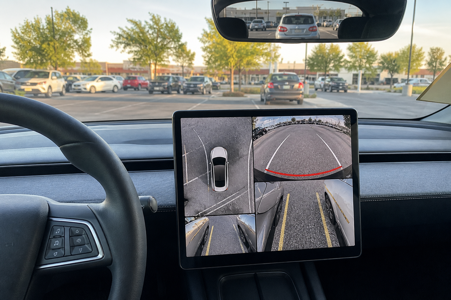 Will Replacing a BYD Screen Affect DiLink, Apple CarPlay, Android Auto, 360 Camera or Vehicle Settings? 4 Real parking-lot view of a central screen displaying a multi-camera surround-view layout