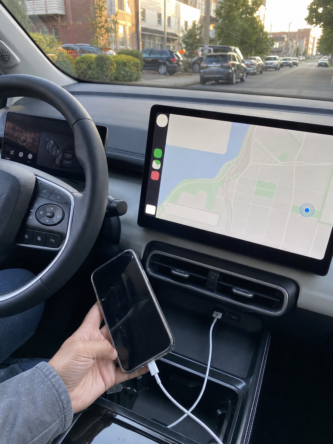 Will Replacing a BYD Screen Affect DiLink, Apple CarPlay, Android Auto, 360 Camera or Vehicle Settings? 3 Owner connecting a phone to a vehicle touchscreen in a real city street setting