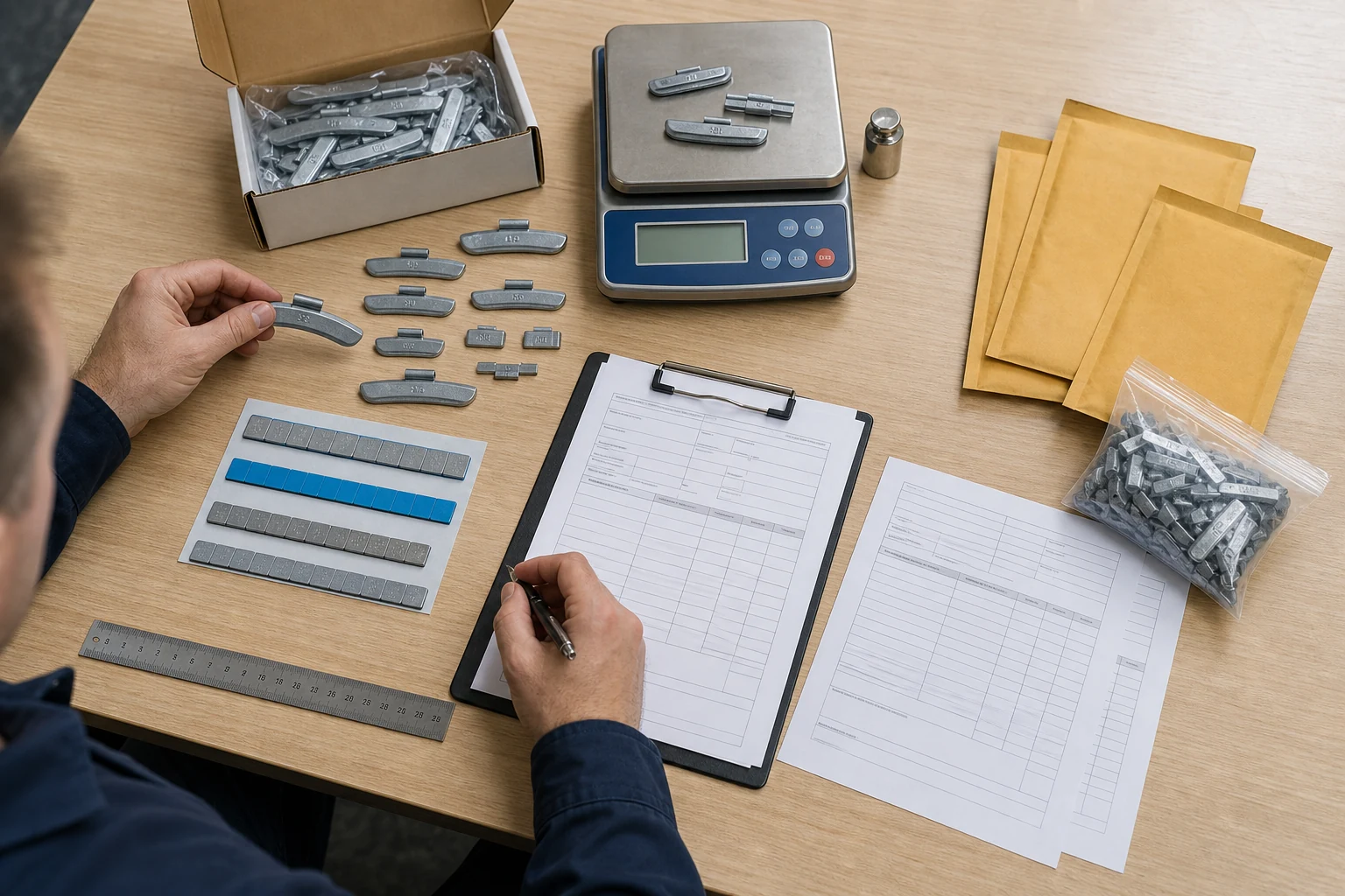Buyer preparing a wheel weight RFQ with samples adhesive strips clip-on weights packaging and specification sheets