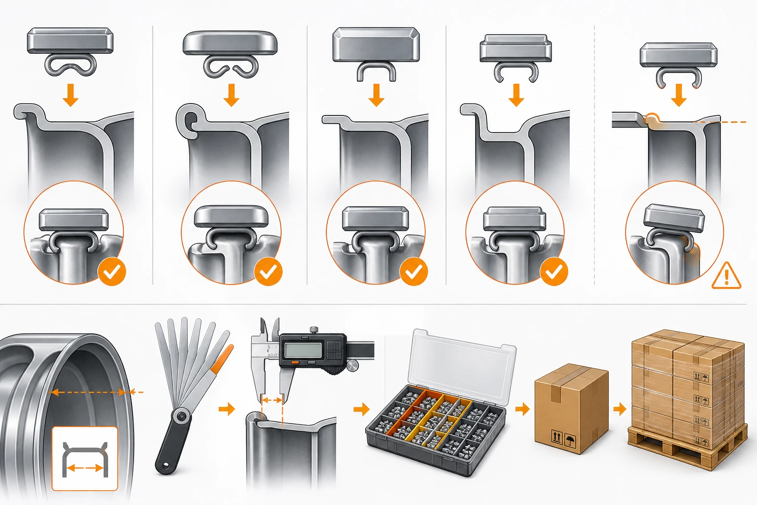 Clip-On Wheel Weights Wholesale: Profiles, Assortments, and Supplier Checks 1 Clip-on wheel weight profile and rim flange comparison with assortment tray and carton planning symbols