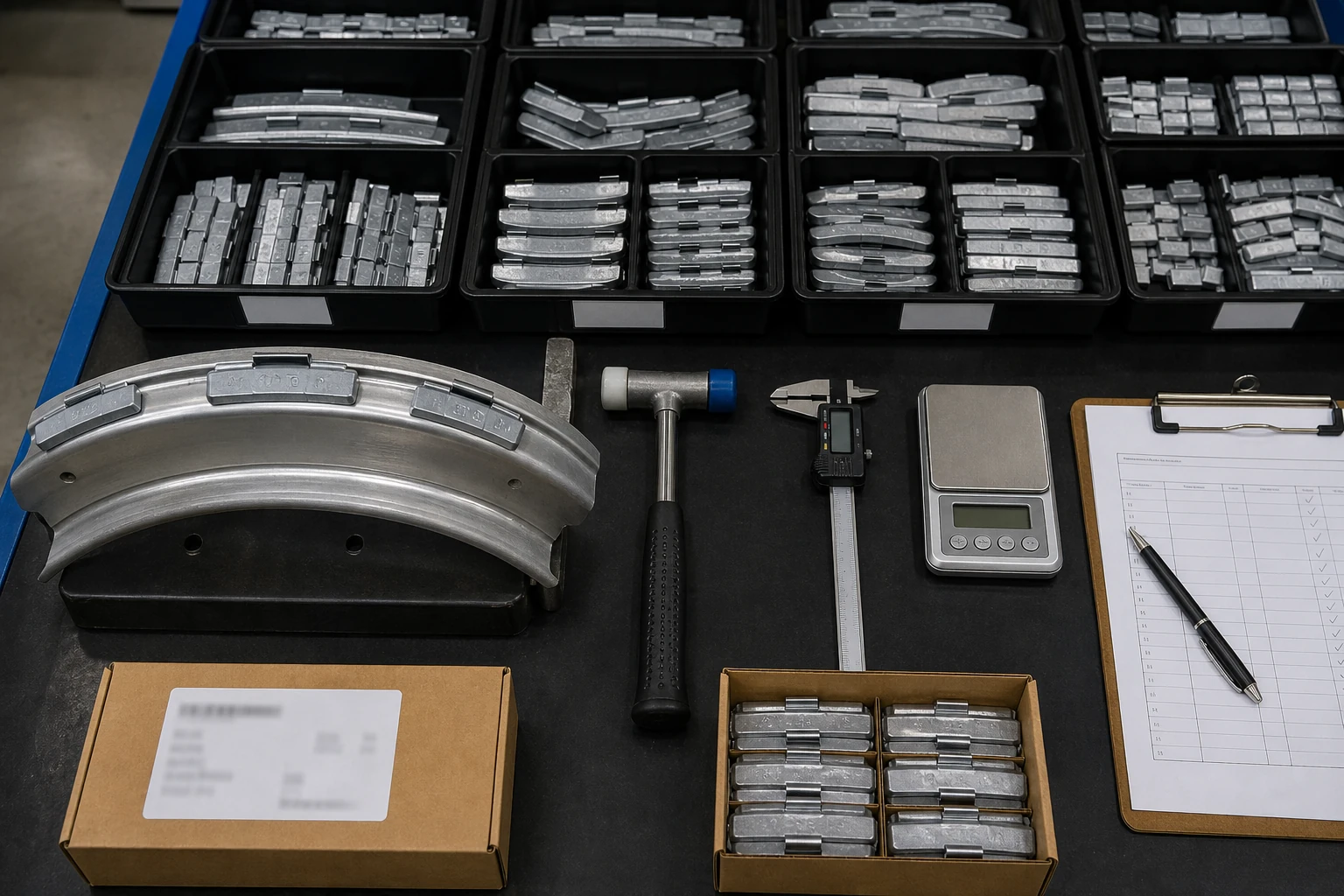 Clip-On Wheel Weights Wholesale: Profiles, Assortments, and Supplier Checks 2 Clip-on wheel weight sample validation with rim flange calipers soft-tip hammer cartons and inspection checklist
