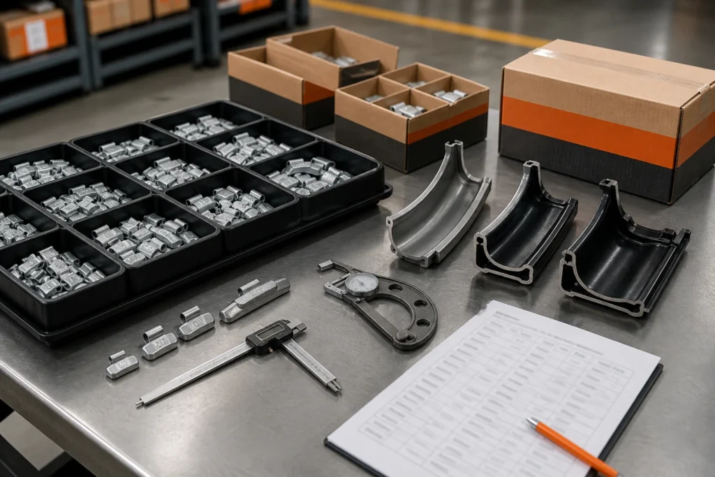 Wholesale steel and zinc clip-on wheel weight profile trays with rim flange sections calipers and cartons