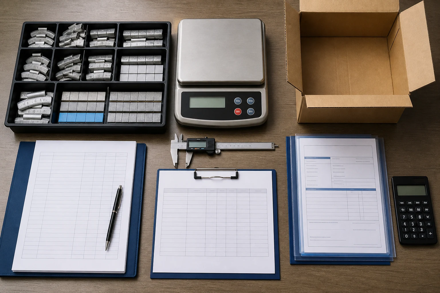 Wheel Weight Price: How to Compare Total Cost Across Quotes 2 Standardized wheel weight RFQ setup with clip-on weights adhesive strips scale caliper cartons and specification sheets