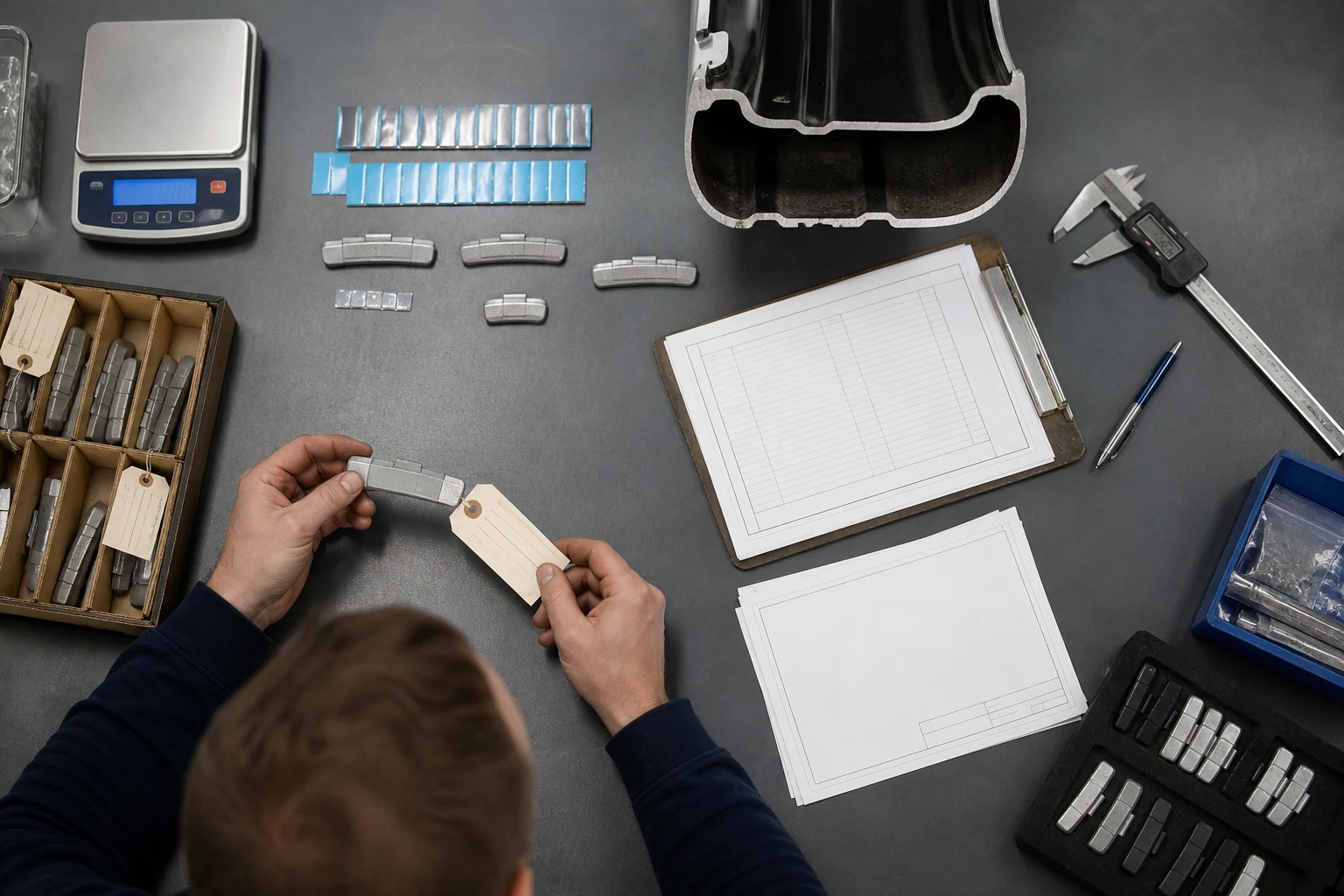 Custom Wheel Weights: How to Specify a Program Before Development 2 Custom wheel weight prototype sample approval with rim section adhesive strip caliper scale drawings tags and packaging record