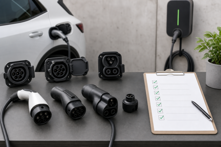 Revisión de compatibilidad de carga EV con entradas de vehículo separadas, conectores de carga, muestras de cable y lista de verificación de mercado