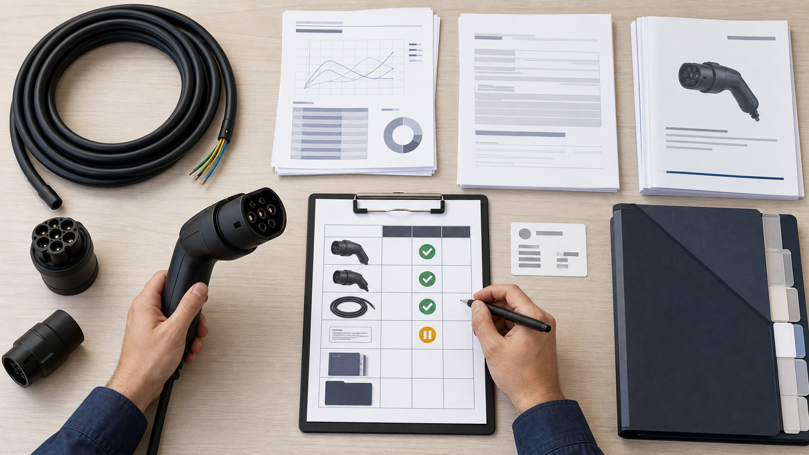 EV Charging Accessories Certifications and Test Documents: Buyer Checklist 2 Buyer matching an EV charging accessory test report with an exact SKU, revision, label, and sample during document review