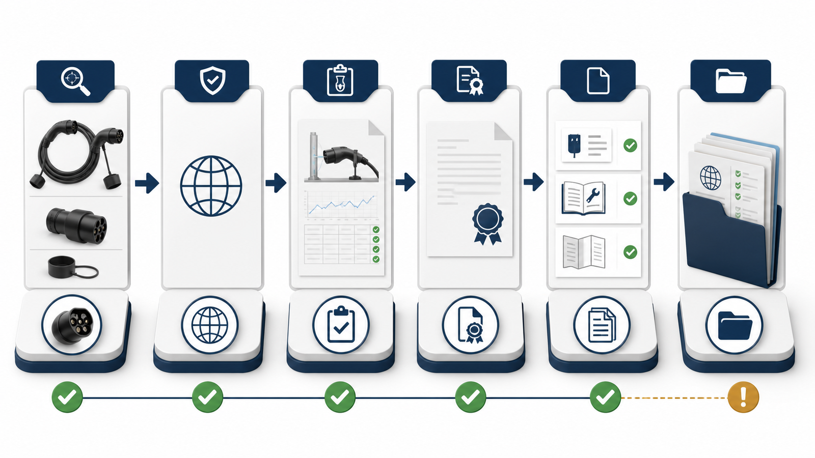 EV Charging Accessories Certifications and Test Documents: Buyer Checklist 1 EV charging accessory evidence stack showing product identity, applicable standard, test report, declaration, label, and market file