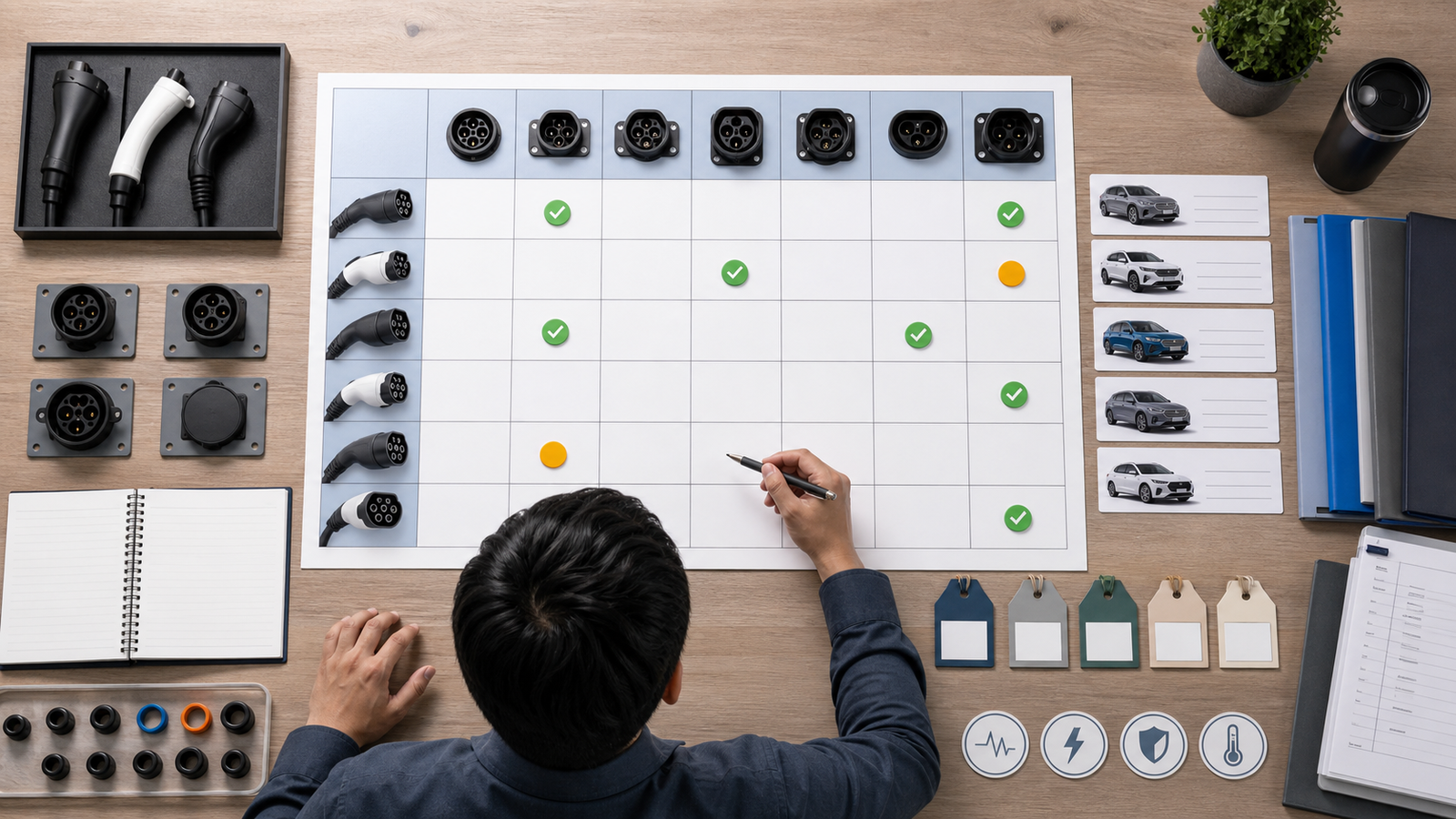 EV Charging Accessories Compatibility Checklist: Vehicle, Connector, and Market Fit 2 Buyer reviewing an EV charging accessory fitment matrix with connector samples, vehicle references, rating notes, and market documents