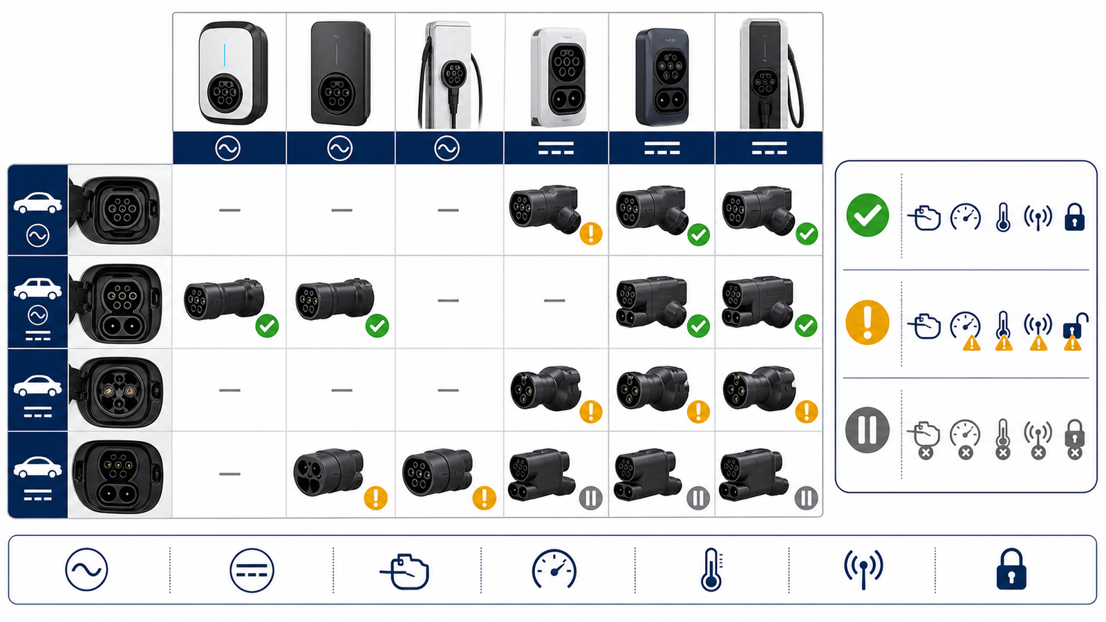 EV charging adapter compatibility matrix comparing vehicle connector, charger connector, charging mode, ratings, and approval status
