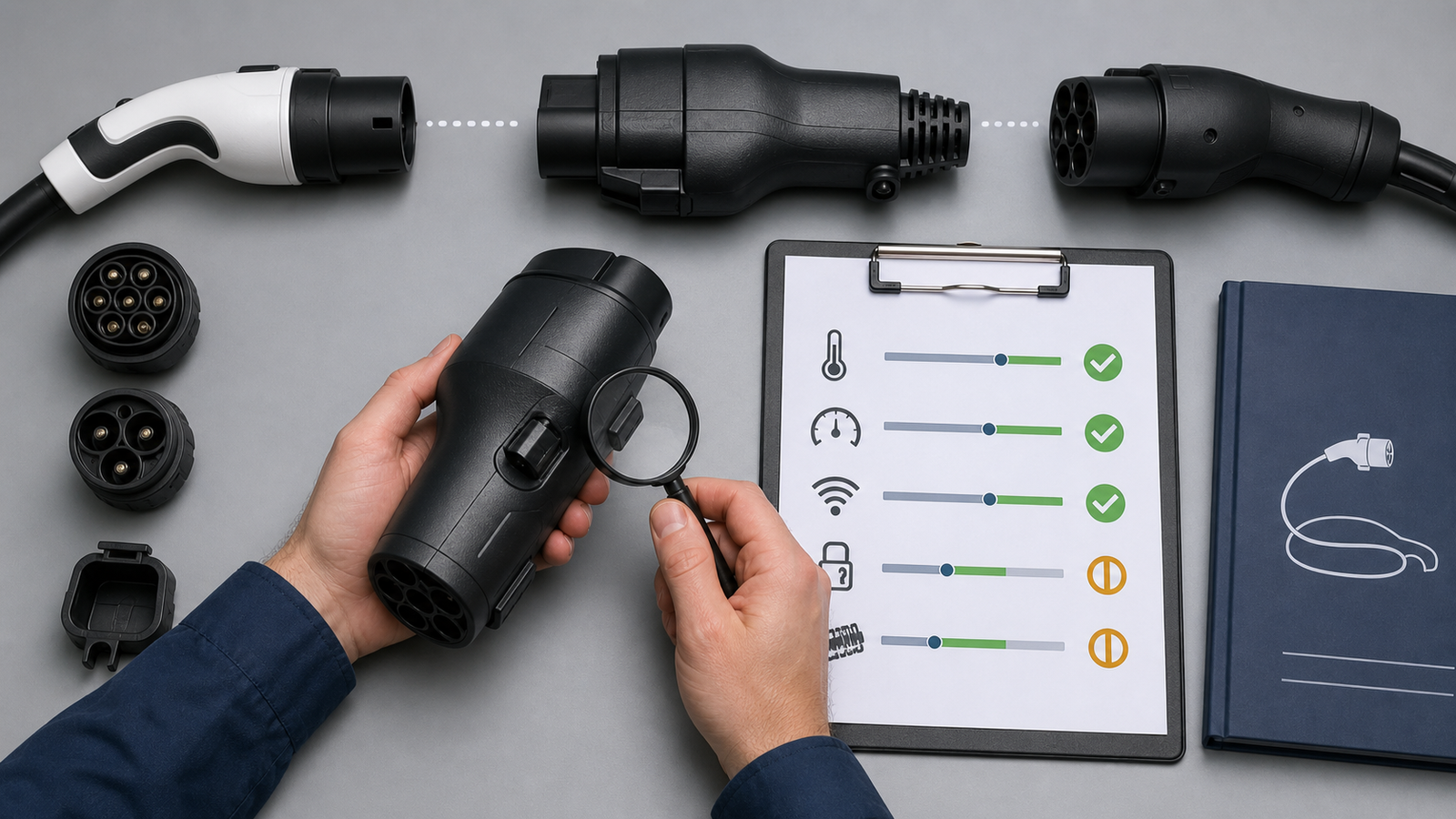 Technical buyer checking an EV charging adapter, cable rating, locking feature, and safe-use instructions before approval