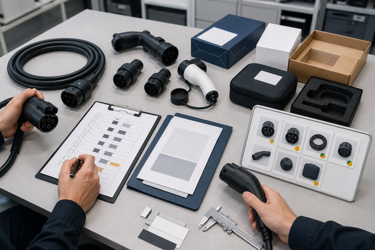How to Choose EV Charging Accessories: Buying Guide for Home, Fleet, and B2B Markets 3 B2B review of EV charging cable and adapter samples with documents, measuring tools, packaging, and a sample approval board