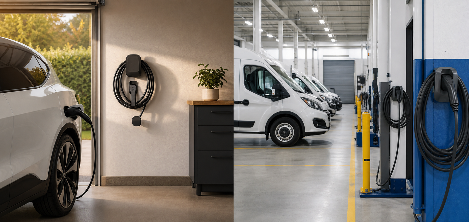 How to Choose EV Charging Accessories: Buying Guide for Home, Fleet, and B2B Markets 2 Organized home EV charging storage compared with a commercial fleet depot using cable holders and protected connectors