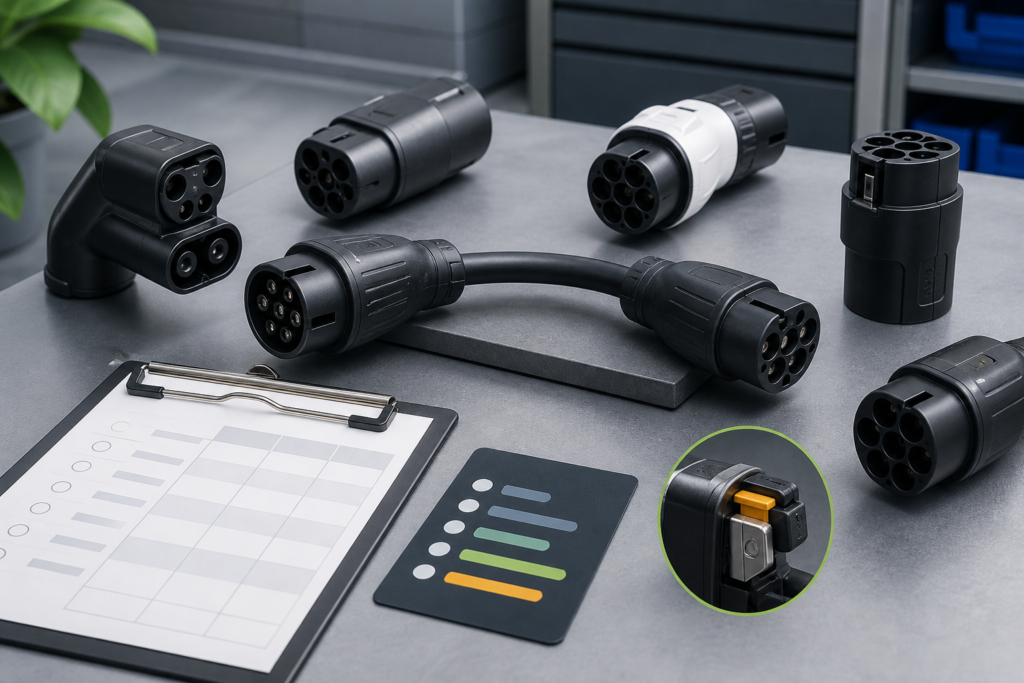 EV charging adapters and separate vehicle and charger connectors reviewed with a compatibility matrix and rating checklist