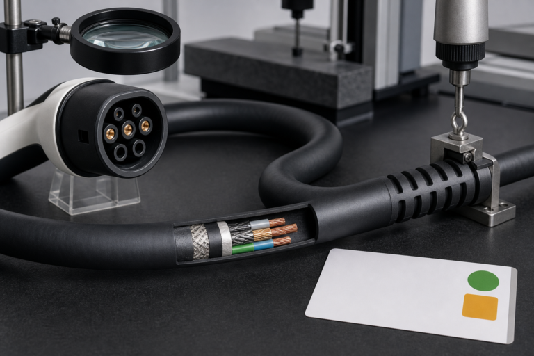 EV charging cable quality inspection on a metrology bench with cable cross-section, connector contacts, loupe, strain relief test, and approval card