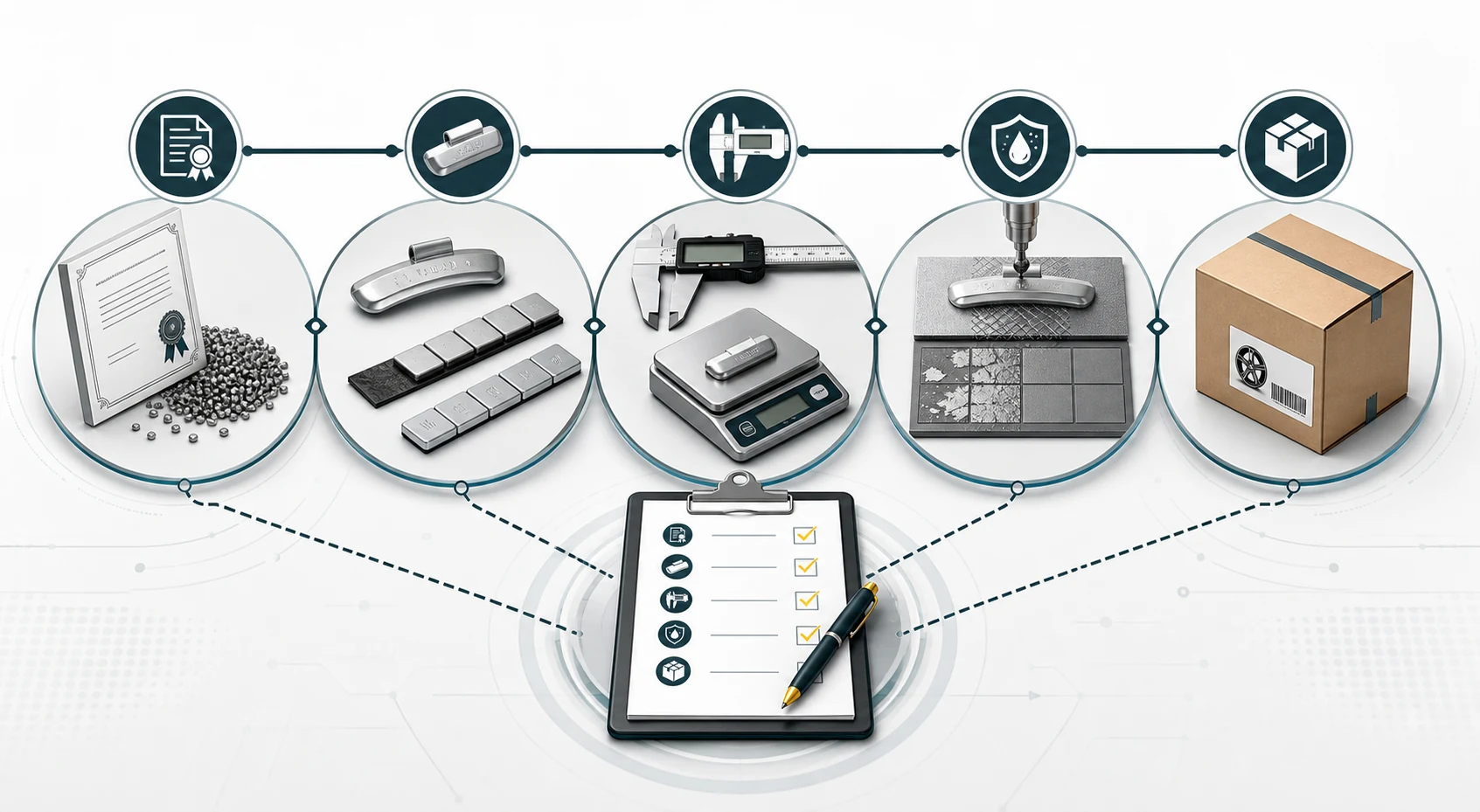 Wheel Weights Manufacturer Screening: What Buyers Can Verify Remotely 1 Visual factory capability review map covering materials samples measurement coating checks and packaging
