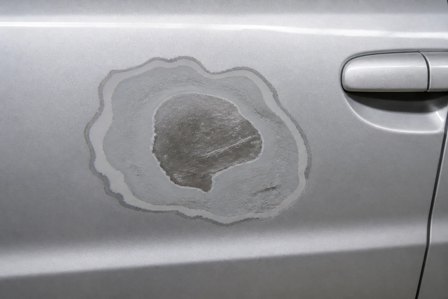 What is Feathering in Auto Body Work? How to Feather Sand Paint Edges 1 Silver car door with a hard paint edge around a small repaired area before feather sanding
