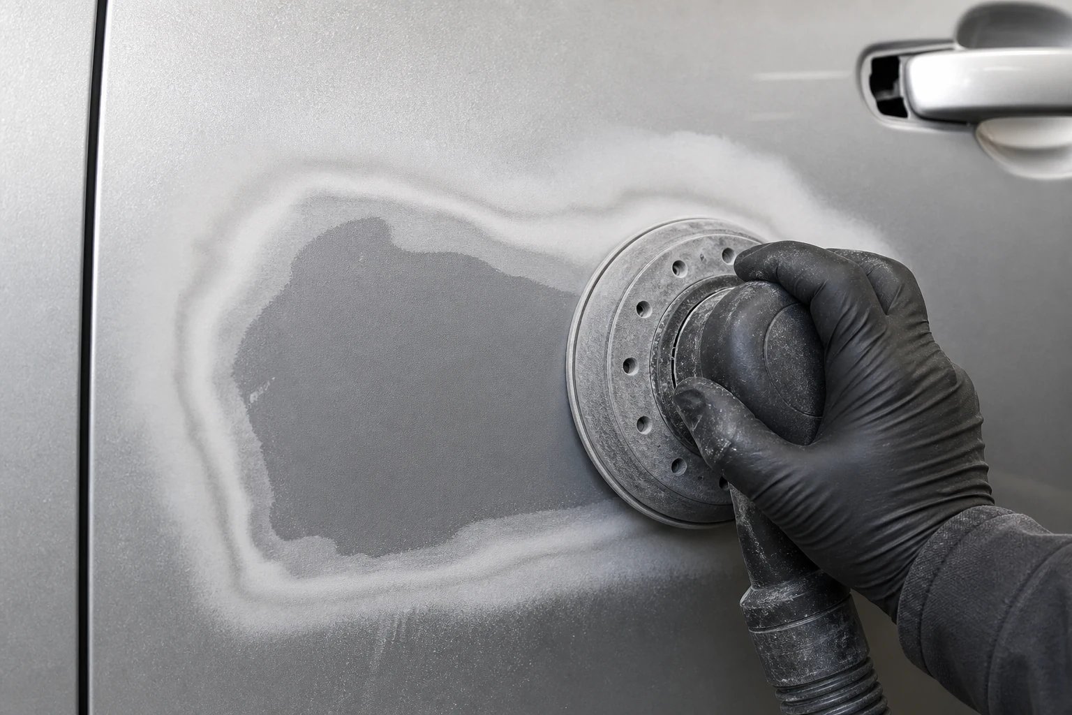 What is Feathering in Auto Body Work? How to Feather Sand Paint Edges 2 Technician using a dual-action sander to widen a featheredge on a silver car door repair
