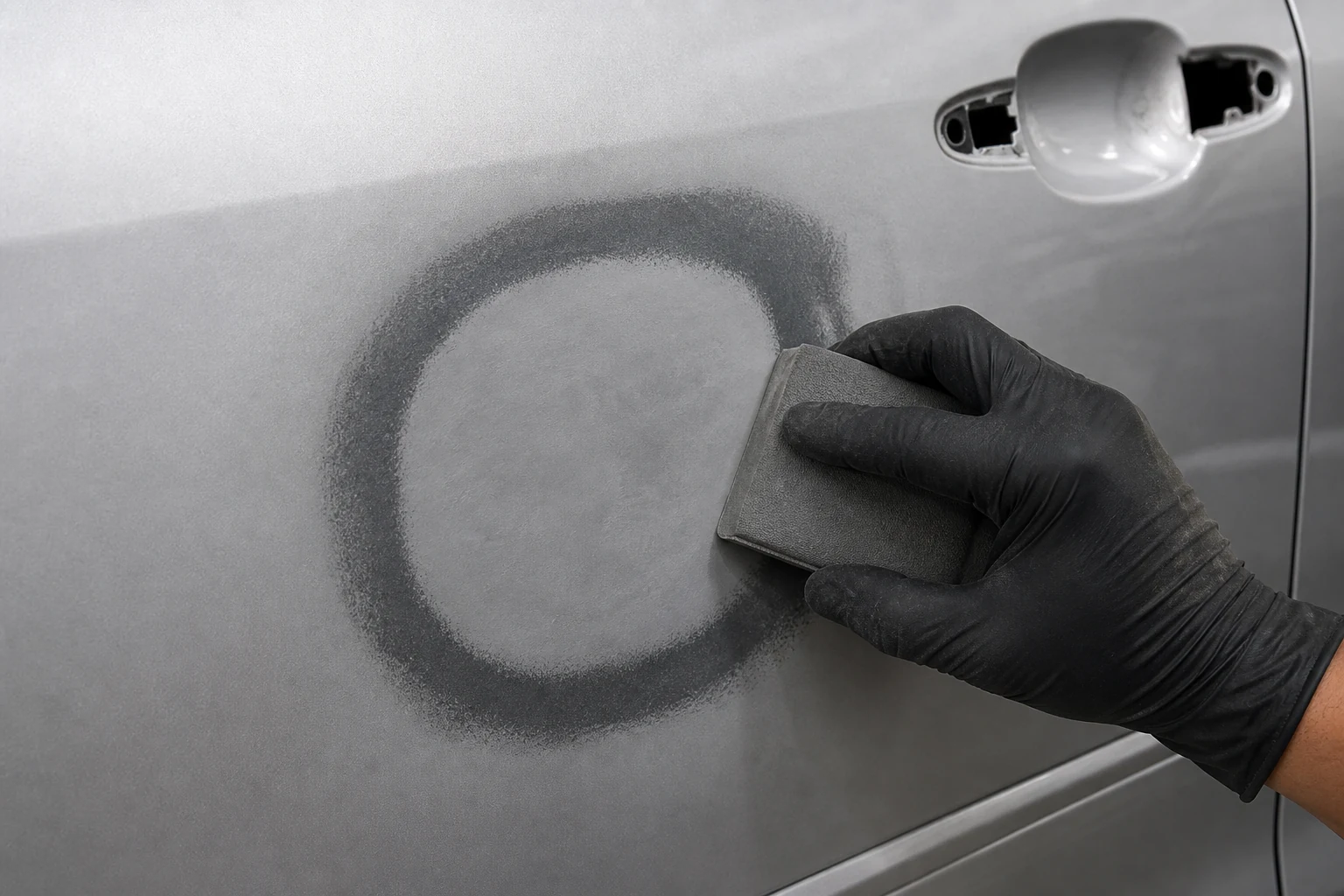 What is Feathering in Auto Body Work? How to Feather Sand Paint Edges 3 Guide coat on a silver car door revealing a dark ring at an unfinished featheredge