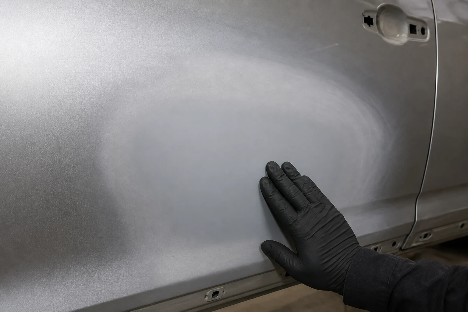 What is Feathering in Auto Body Work? How to Feather Sand Paint Edges 4 Technician checking a smooth feathered taper on a repaired silver car door with gloved fingertips