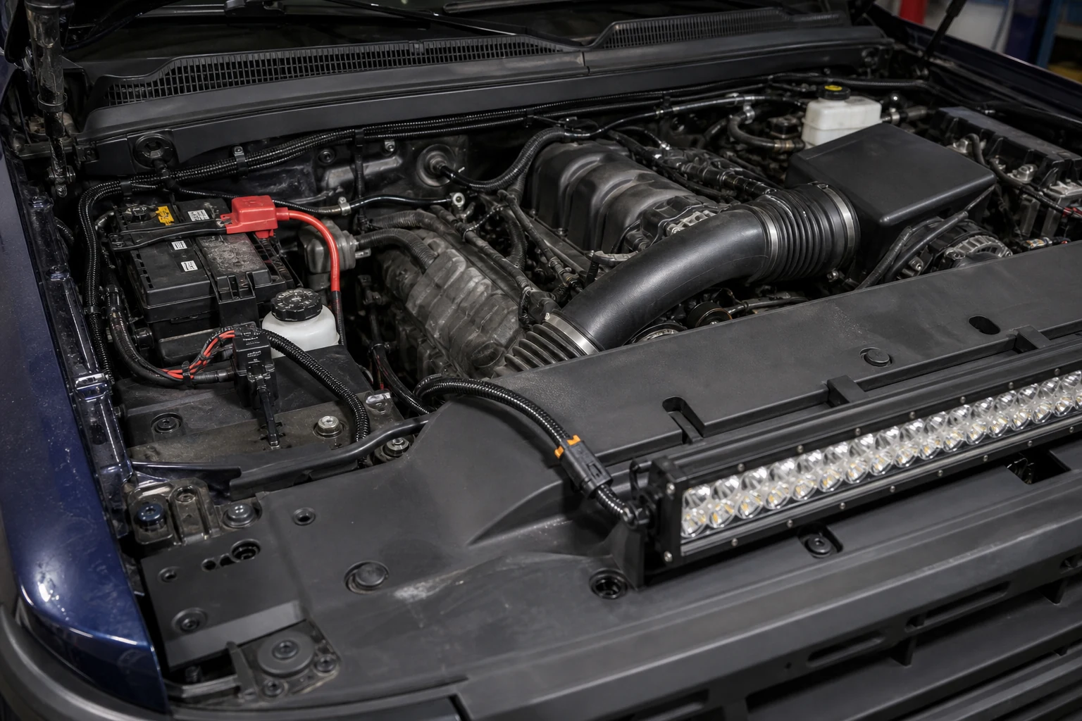 What is a Light Bar Wiring Harness? Components, Types, and Installation Guide 3 Pickup engine bay with an LED light bar harness routed through a grommet and secured away from heat, belts, fans, and sharp edges