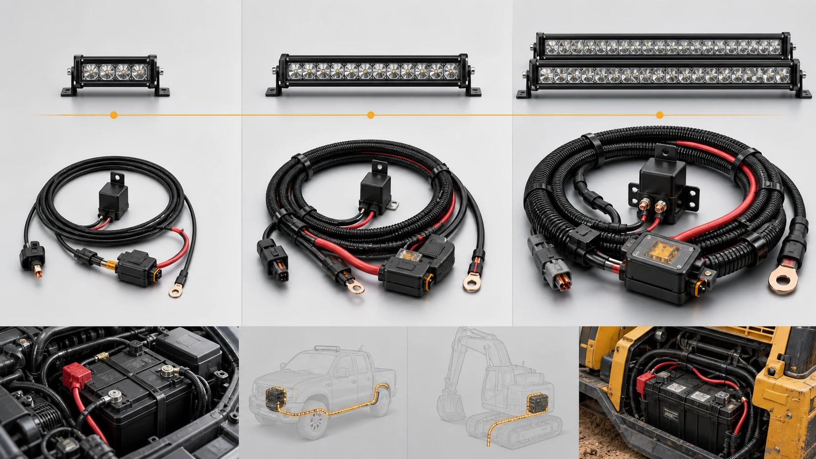 What is a Light Bar Wiring Harness? Components, Types, and Installation Guide 2 Comparison of light-duty, medium-duty, and high-current LED light bar harness assemblies with progressively heavier cable and protection